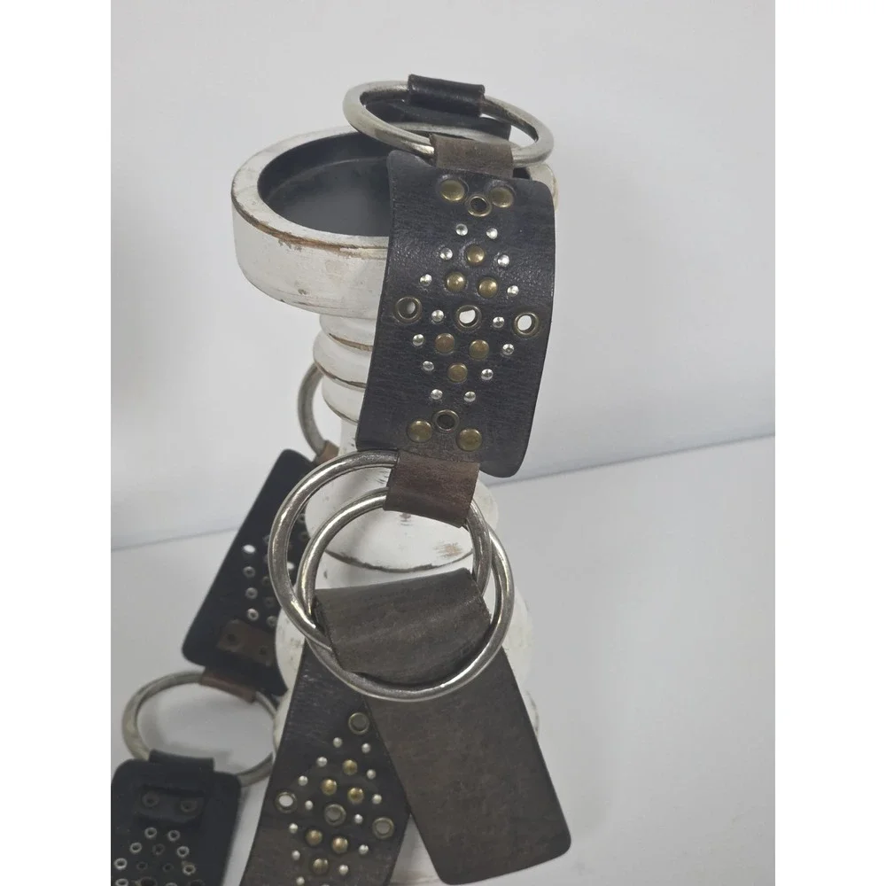 Womens Brown Leather Link Belt Studded O Ring Chain Hardware Western Boho Chic